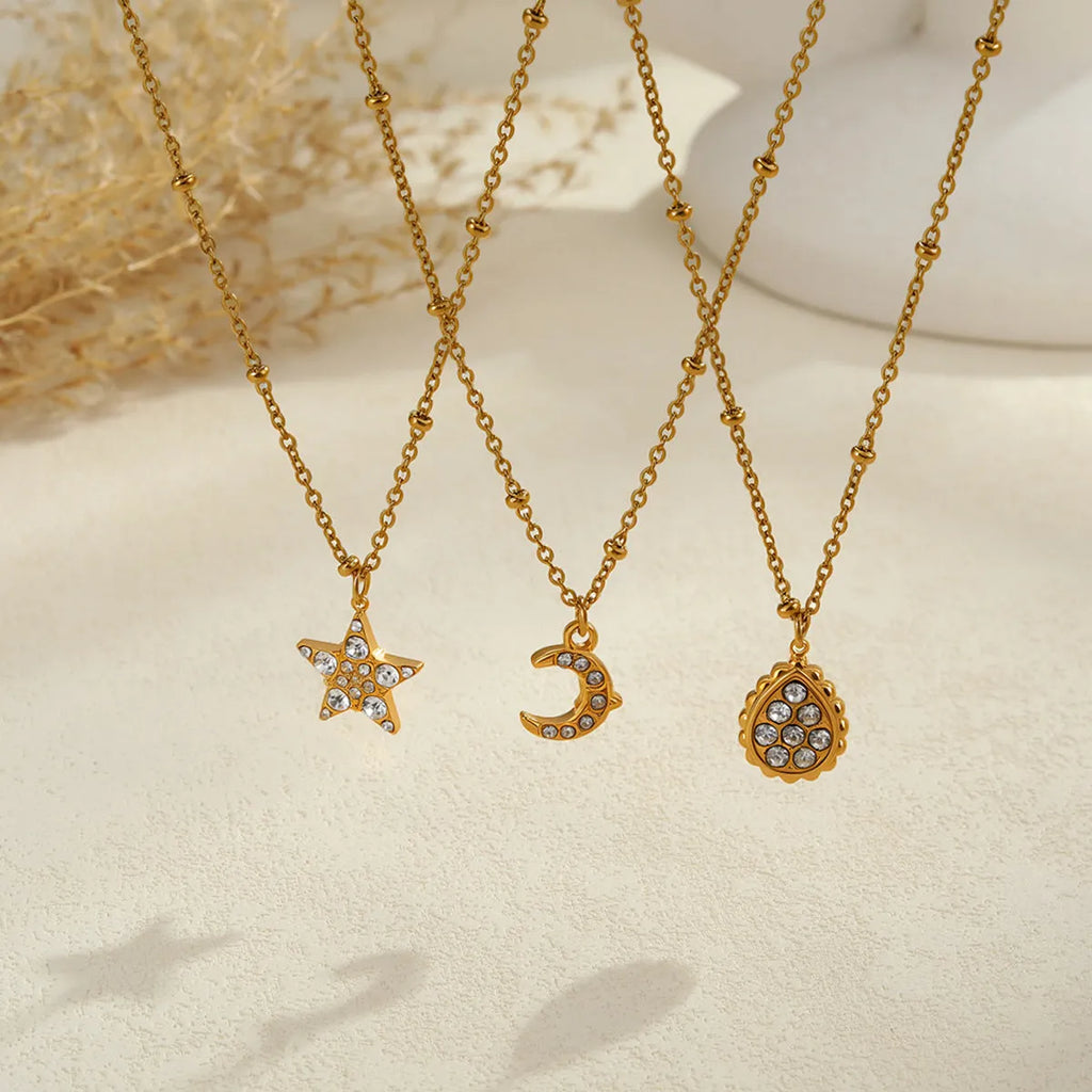 Women's stainless steel pendant necklace electroplated finish geometric five star moon water drop shape chain