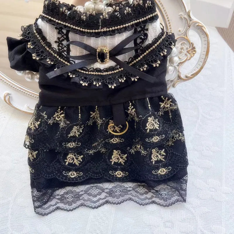 Golden gothic princess style polyester skirt costume for cats and dogs showing size range from XS to XL