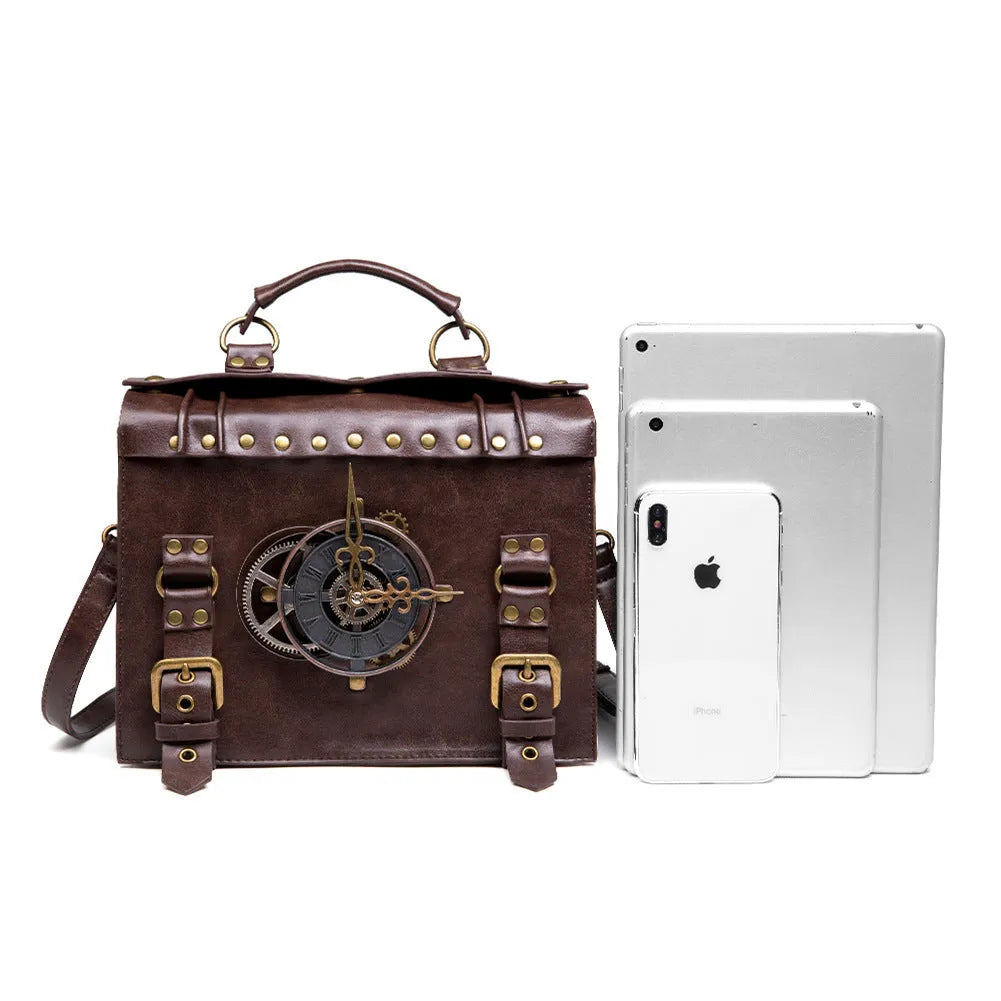 Bronze steampunk industrial retro shoulder bag with metal hardware and square pillow shape