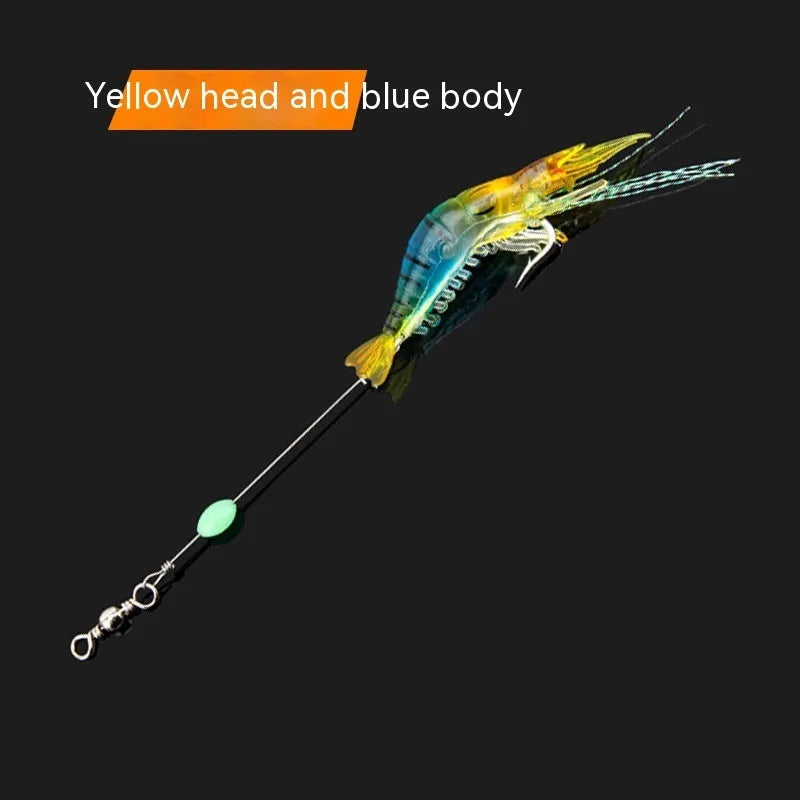 Pack of six soft fishing lures with hooks in various colours including luminous pink and black head yellow body.