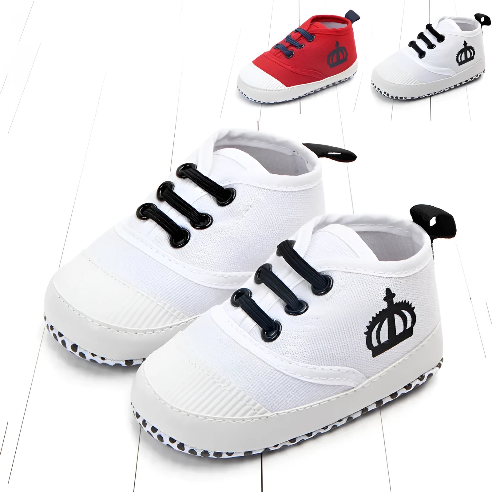 Canvas toddler shoes with elastic band in red and white on neutral background