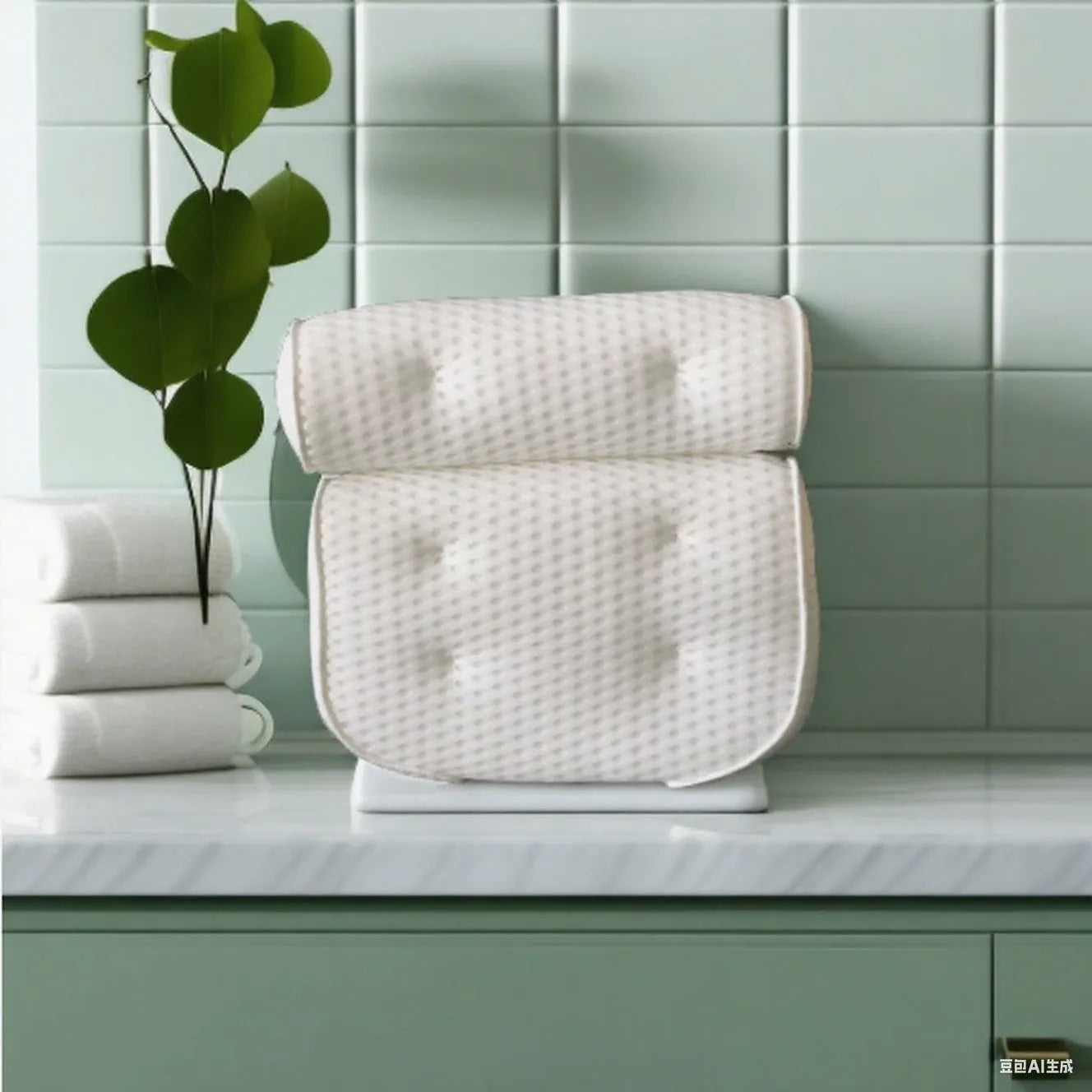 White 4D mesh bathtub pillow with suction cups on a clean bathtub surface.