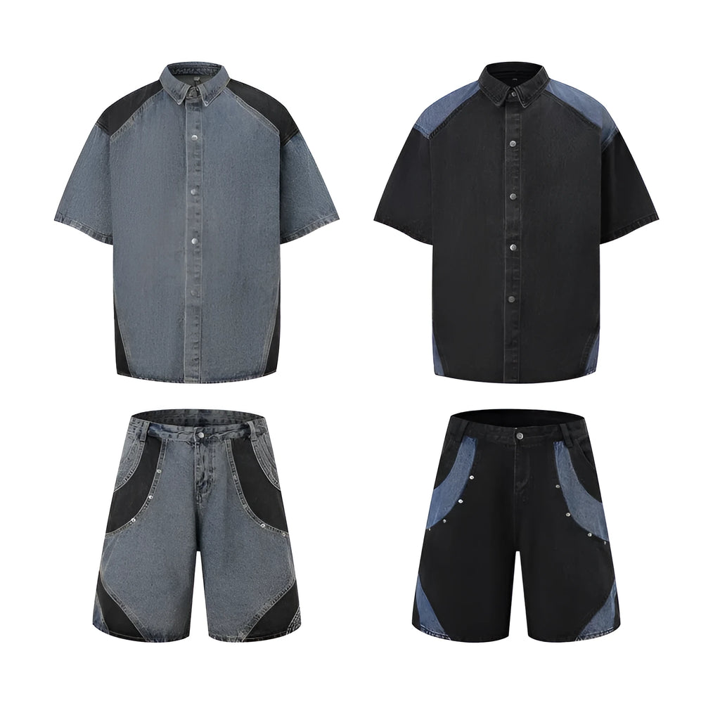 Personalised retro washed denim suit set with short-sleeved jacket and matching trousers.