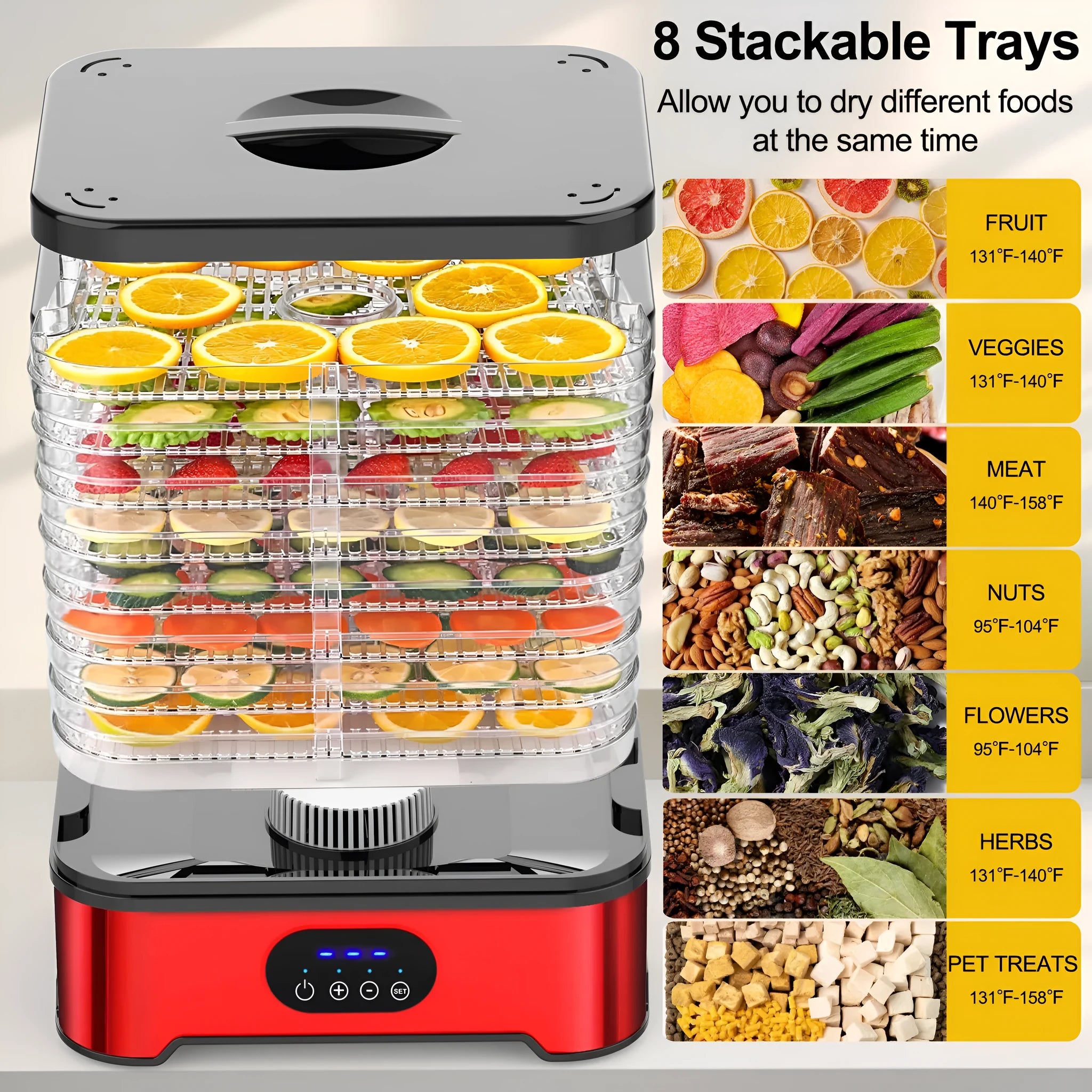 Silver household food dehydrator with 8 drying trays showing expanded and collapsed height positions