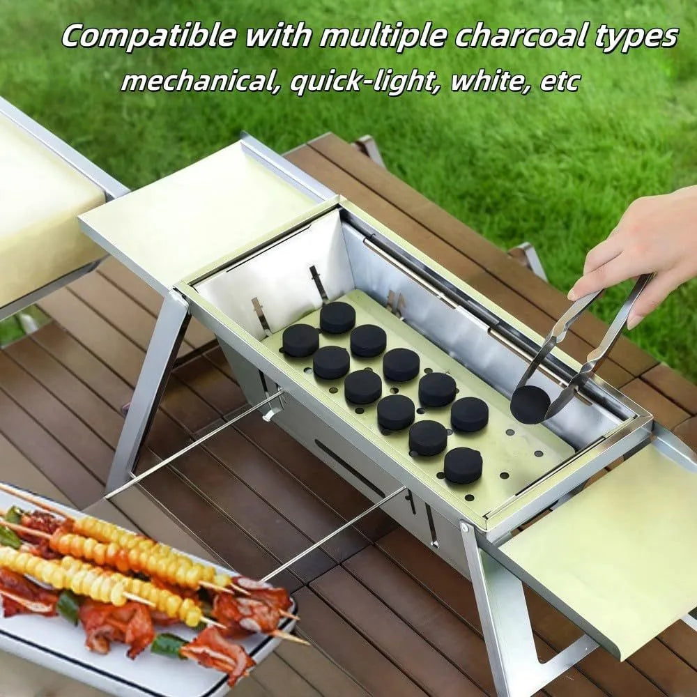 Small portable charcoal grill shown in folded and unfolded positions for outdoor cooking