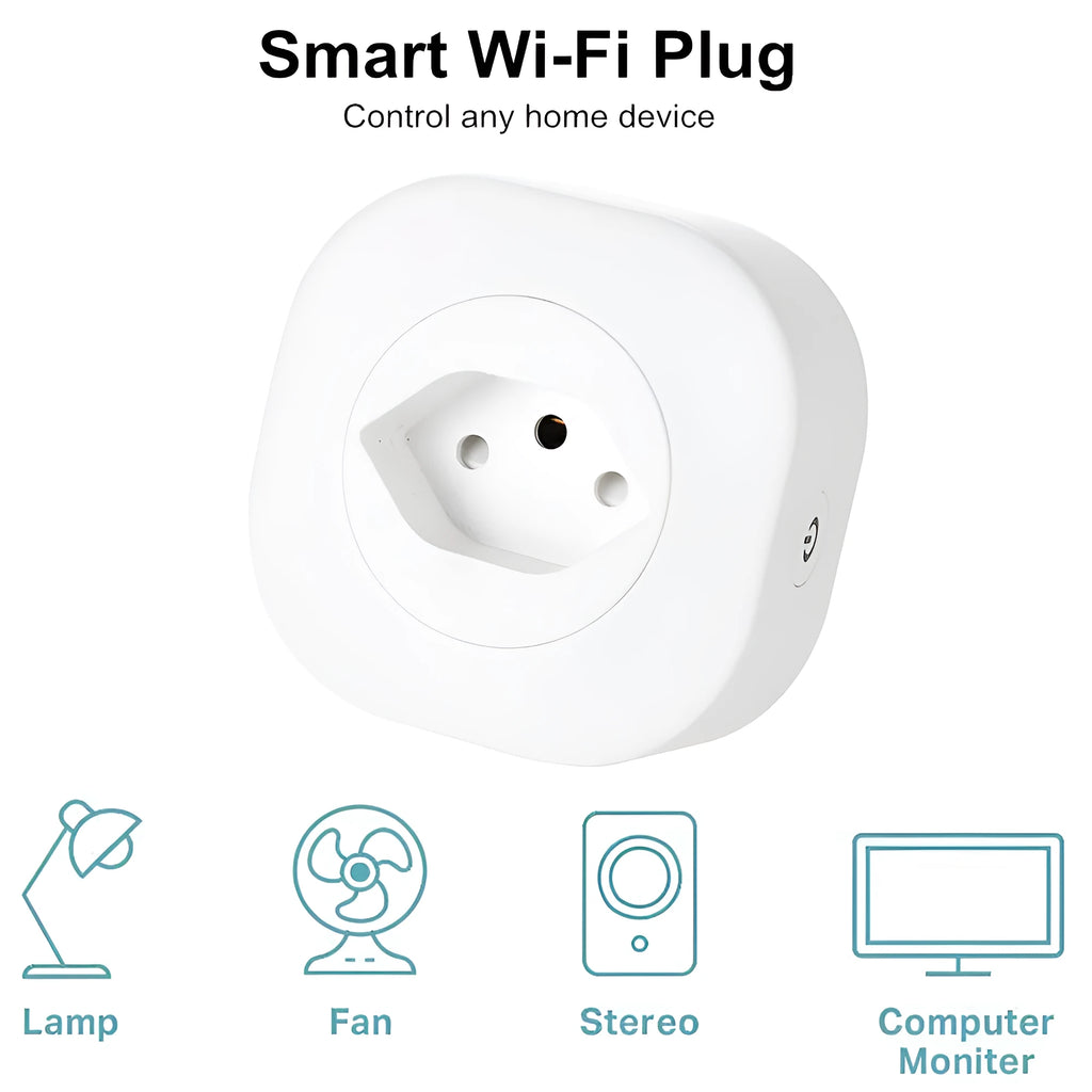 White Wi-Fi smart socket plug with EU-style pins showing status light, dimensions 70x70x72mm.