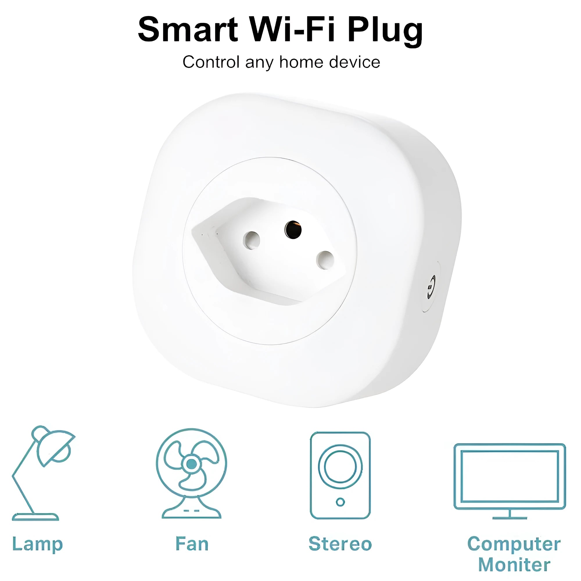 White Wi-Fi smart socket plug with EU-style pins showing status light, dimensions 70x70x72mm.