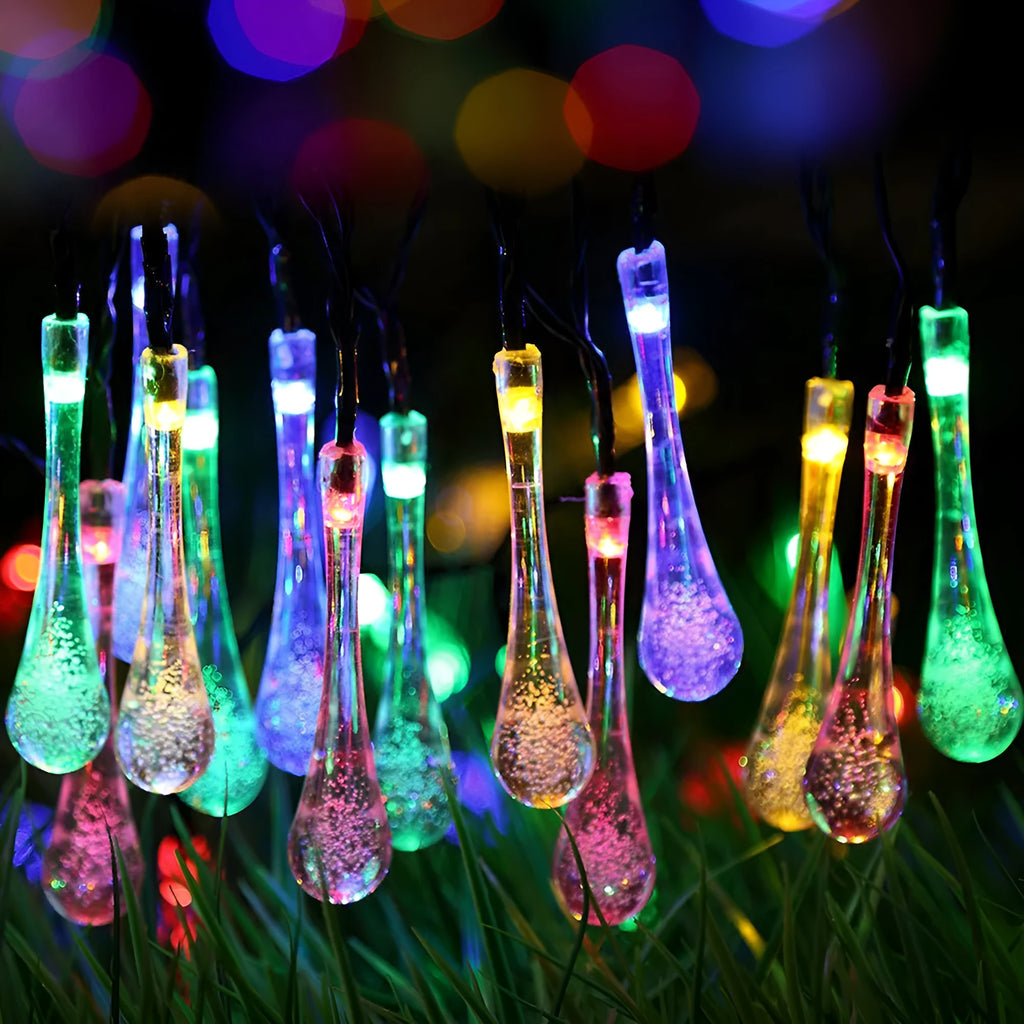 Outdoor solar LED string lights with bubble drop pendants on 6.5 metre waterproof cable