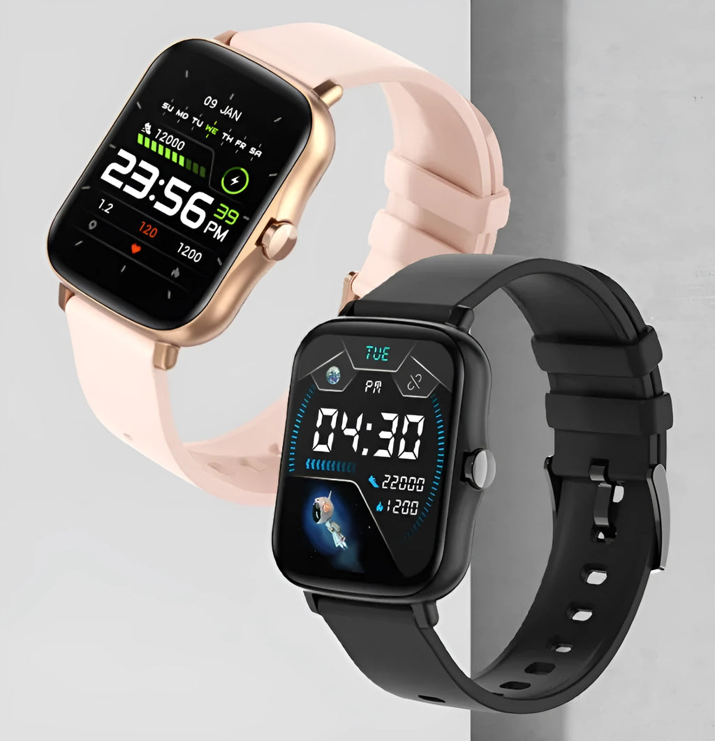 Black smart watch with 1.7-inch colour touch screen on adjustable silicone strap