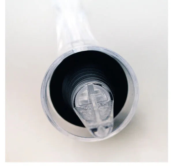 Acrylic wine aerator with stainless steel filter, measuring 16cm by 4.2cm.