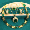 18k gold plated zircon jewellery set showing ring, earrings, bracelet and necklace in a coordinating colour.