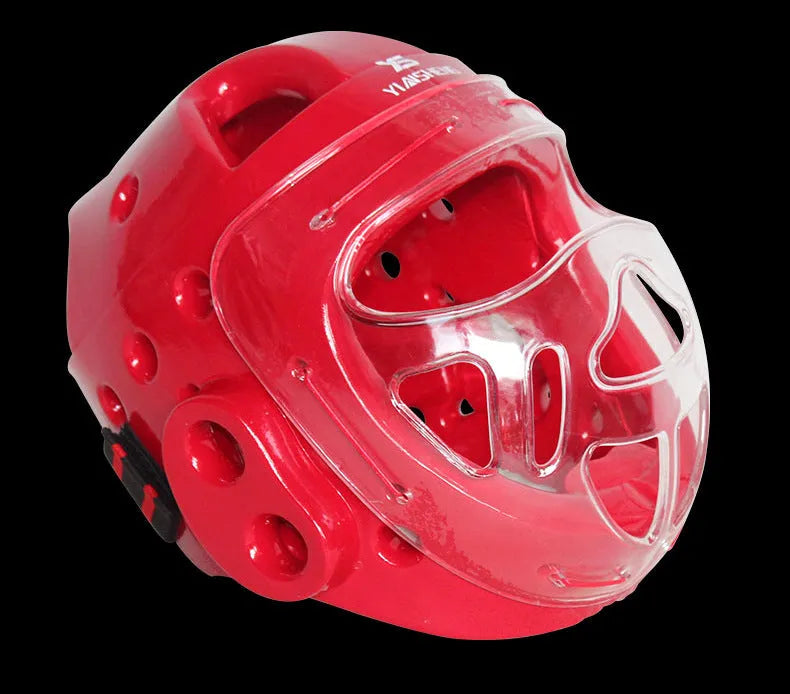 Karate helmet protective equipment in blue colour with adjustable straps and protective padding
