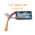 7.4V 1200mAh RC lithium battery measuring 15x36x70mm for remote control cars and ships