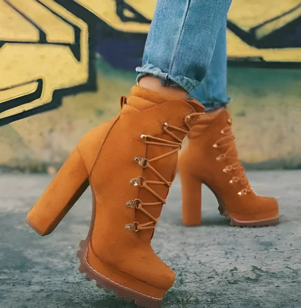Women's suede high heel ankle boots with 8cm block heel in four colour options