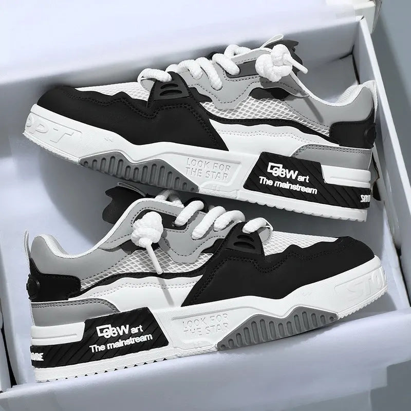 Men's low-top white board shoes with soft rubber sole in beige, white and black, and white and yellow colour options.