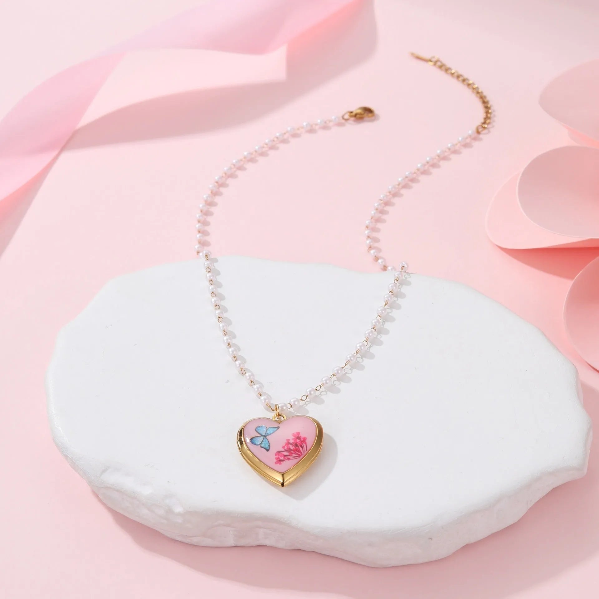 18K gold electroplated stainless steel love photo box necklace on display, geometric pendant, four colour options available