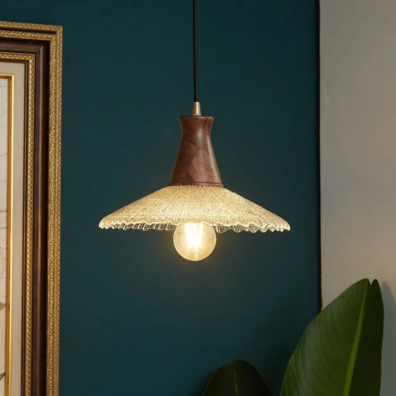 Retro wooden chandelier with glass shades in three size options