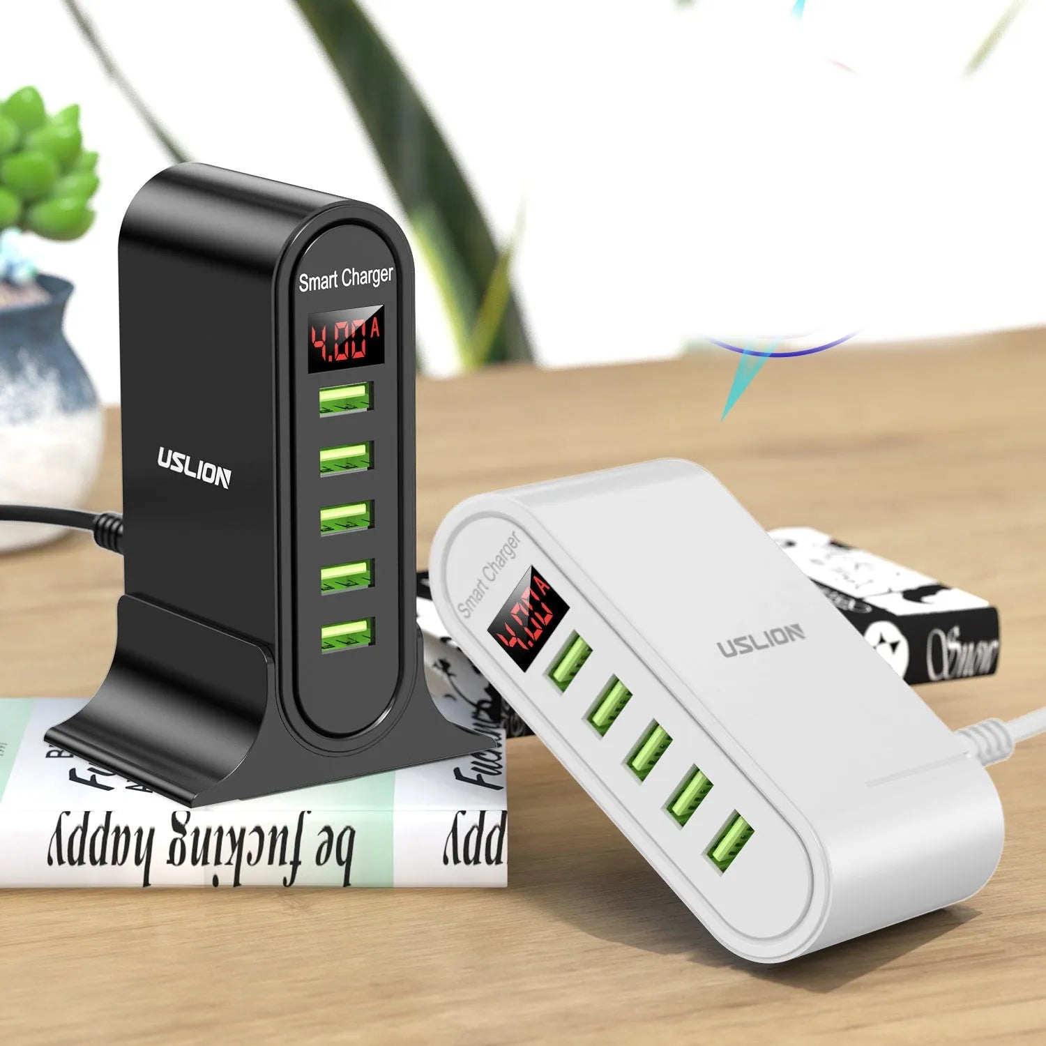 Black and white Smart LED Digital Display USB wall charger showing UK, US, and EU plug options.