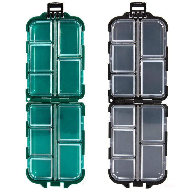 Black plastic fishing tackle storage box with 10 compartments showing organised fishing hooks and lures
