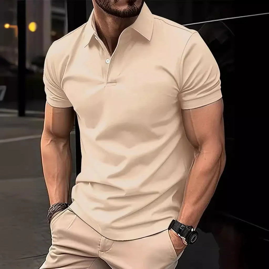 Man wearing a slim fit solid colour short sleeve casual shirt in a cotton blend fabric.