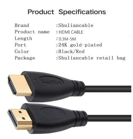 Gold-plated HDMI male-to-male cable in multiple length options on a white background.