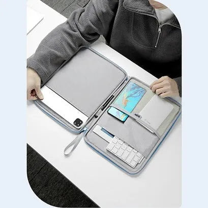 Imitation leather tablet protective case with fabric lining and a handle in light grey colour