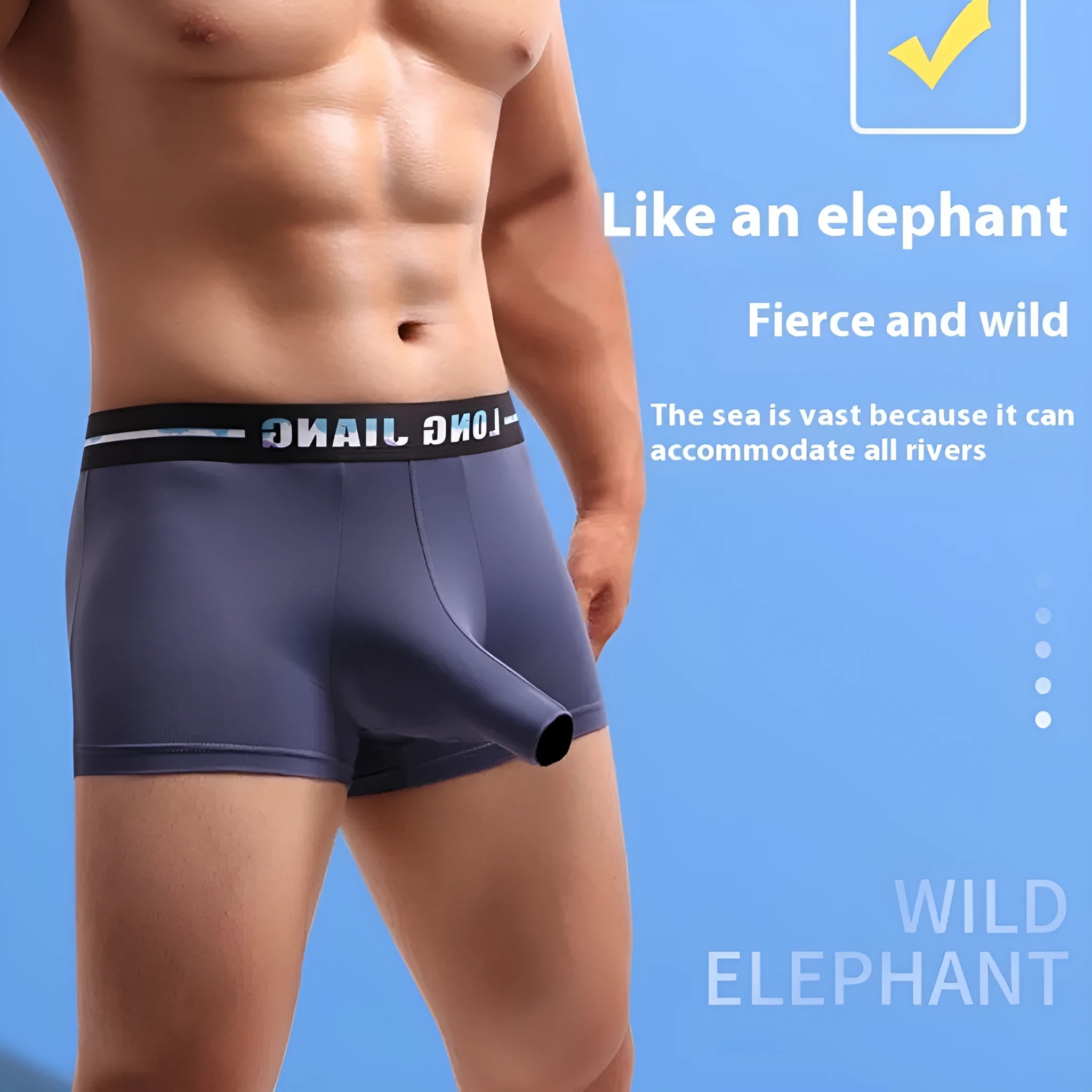 Men's ice silk boxer shorts in grey, showing trunk open design and mid waist.