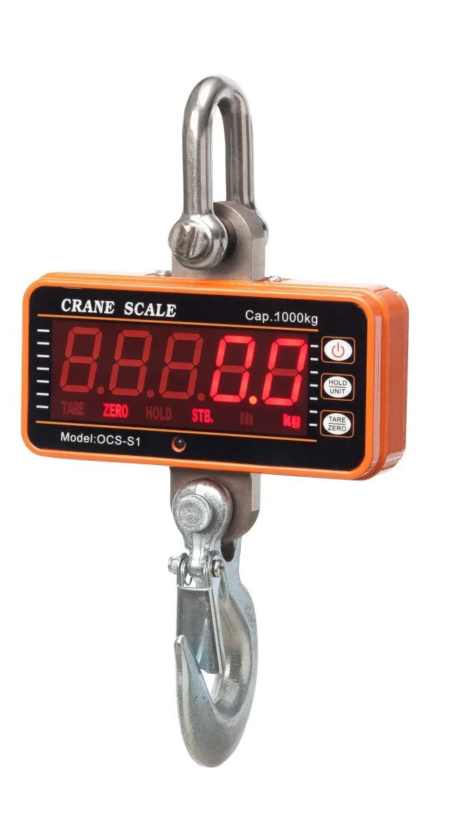 Orange electronic crane scale with digital display for 500 kg capacity industrial weighing