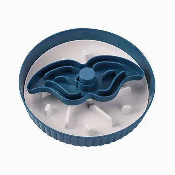 Pet slow feeder bowl with rotating game board design and silicone feeding pads in windmill pattern