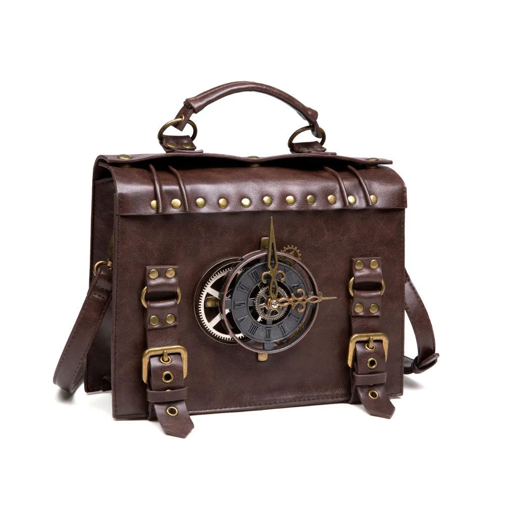 Bronze steampunk industrial retro shoulder bag with metal hardware and square pillow shape