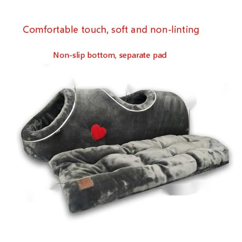 Double-hole flannel cat nest in grey with love heart pattern, 80x30x26cm, side view showing two openings
