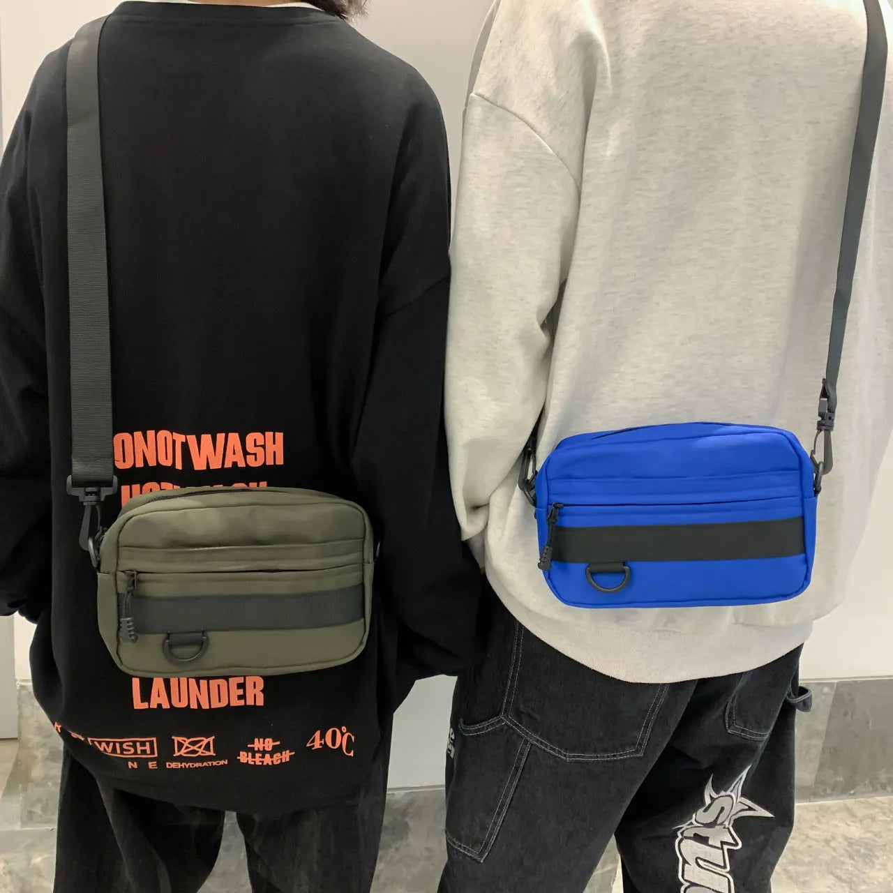 Men's solid colour nylon crossbody messenger bag with adjustable strap in street style