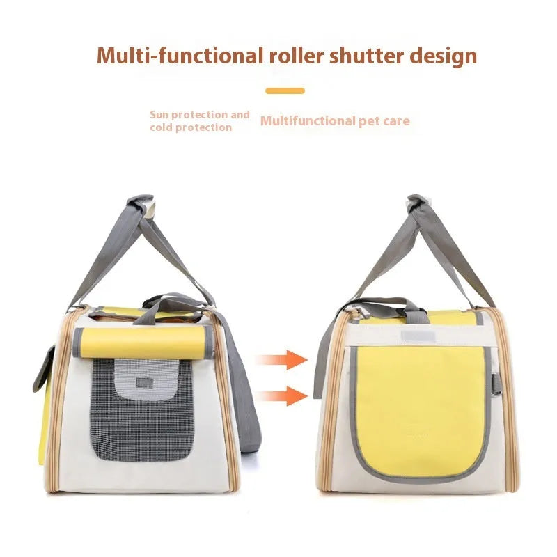 Large foldable canvas pet bag for dogs and cats in black colour with shoulder strap.