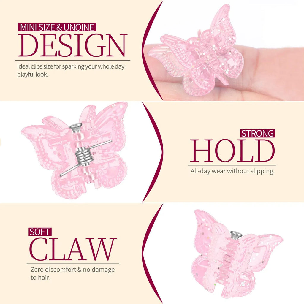 Assortment of glittery mini butterfly-shaped hair claw clips in multiple colours on a white background.