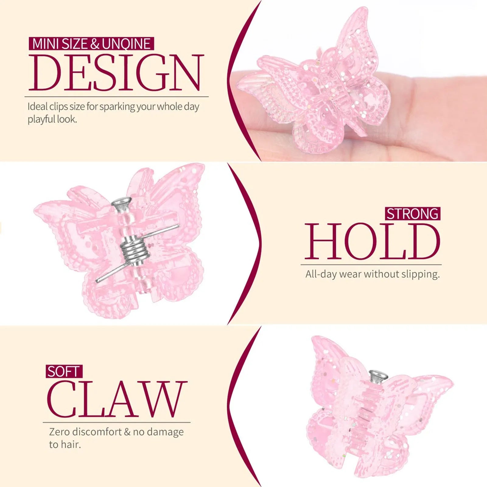 Assortment of glittery mini butterfly-shaped hair claw clips in multiple colours on a white background.