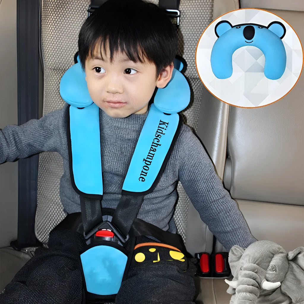 A portable child seat belt retainer in red, for car travel safety, suitable for children 12-36kg.