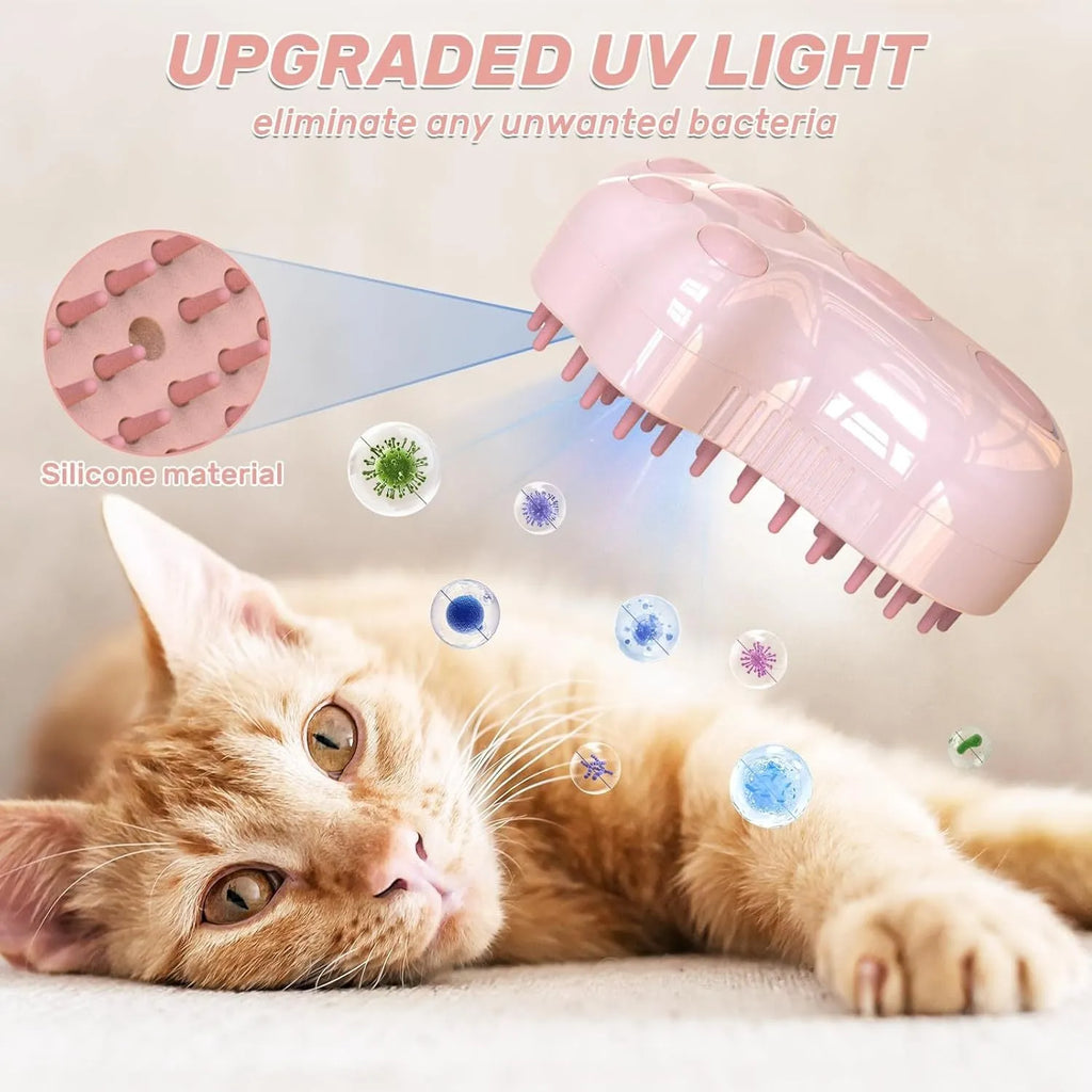 Blue rechargeable self-cleaning cat steam brush with silicone bristles and mist spray bottle