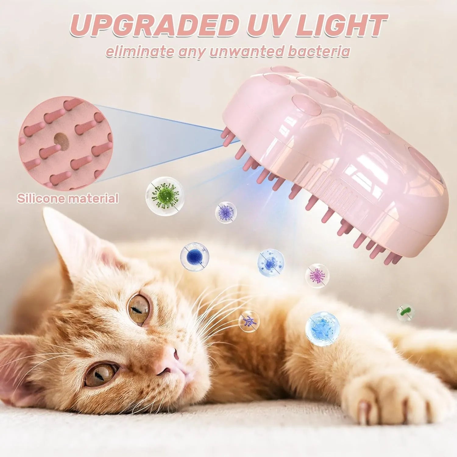 Blue rechargeable self-cleaning cat steam brush with silicone bristles and mist spray bottle