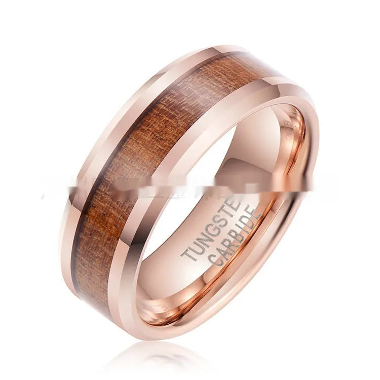 Men's tungsten ring with 8mm wide band featuring wood and leather inlay, shown in rose gold finish.