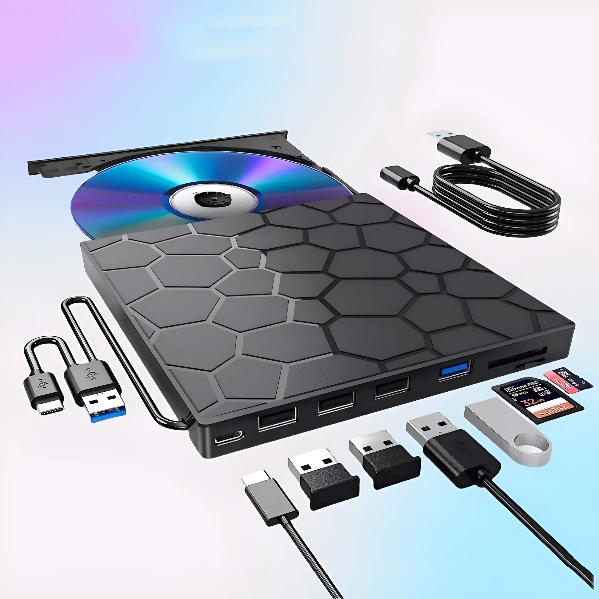 Black USB external CD writer optical drive with compact rectangular design