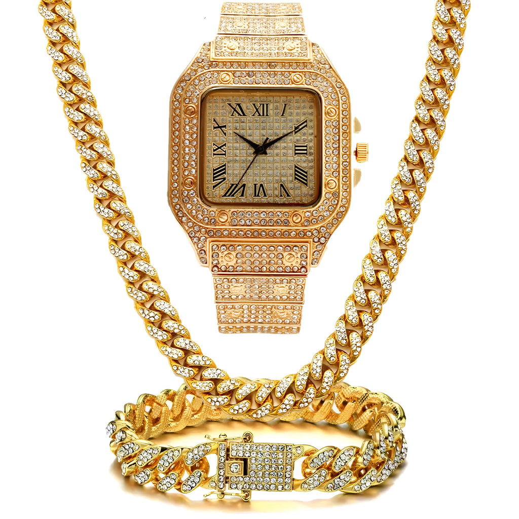 Square Roman numeral quartz watch with diamond dial and black mesh band, part of 3-piece jewellery set