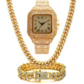 Square Roman numeral quartz watch with diamond dial and black mesh band, part of 3-piece jewellery set