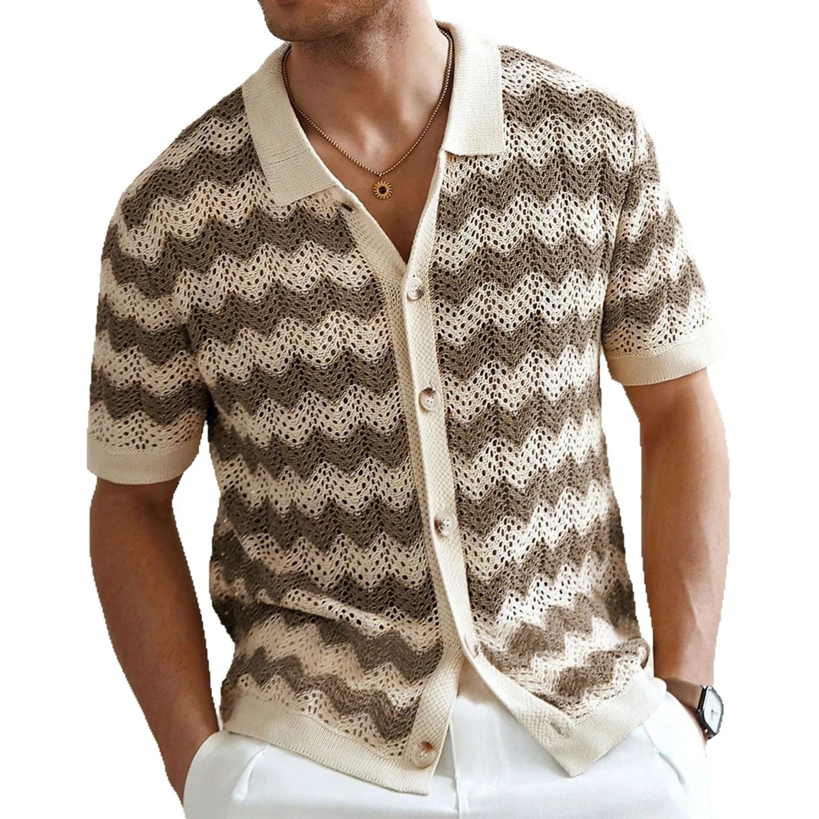 Short sleeve blue American-style sweater with hollow jacquard corrugated texture and flocking detail