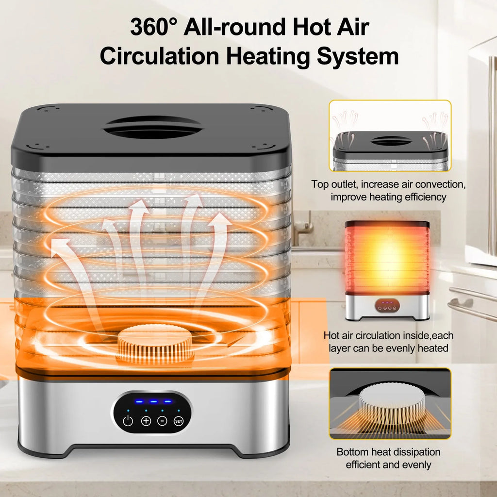 Silver household food dehydrator with 8 drying trays showing expanded and collapsed height positions