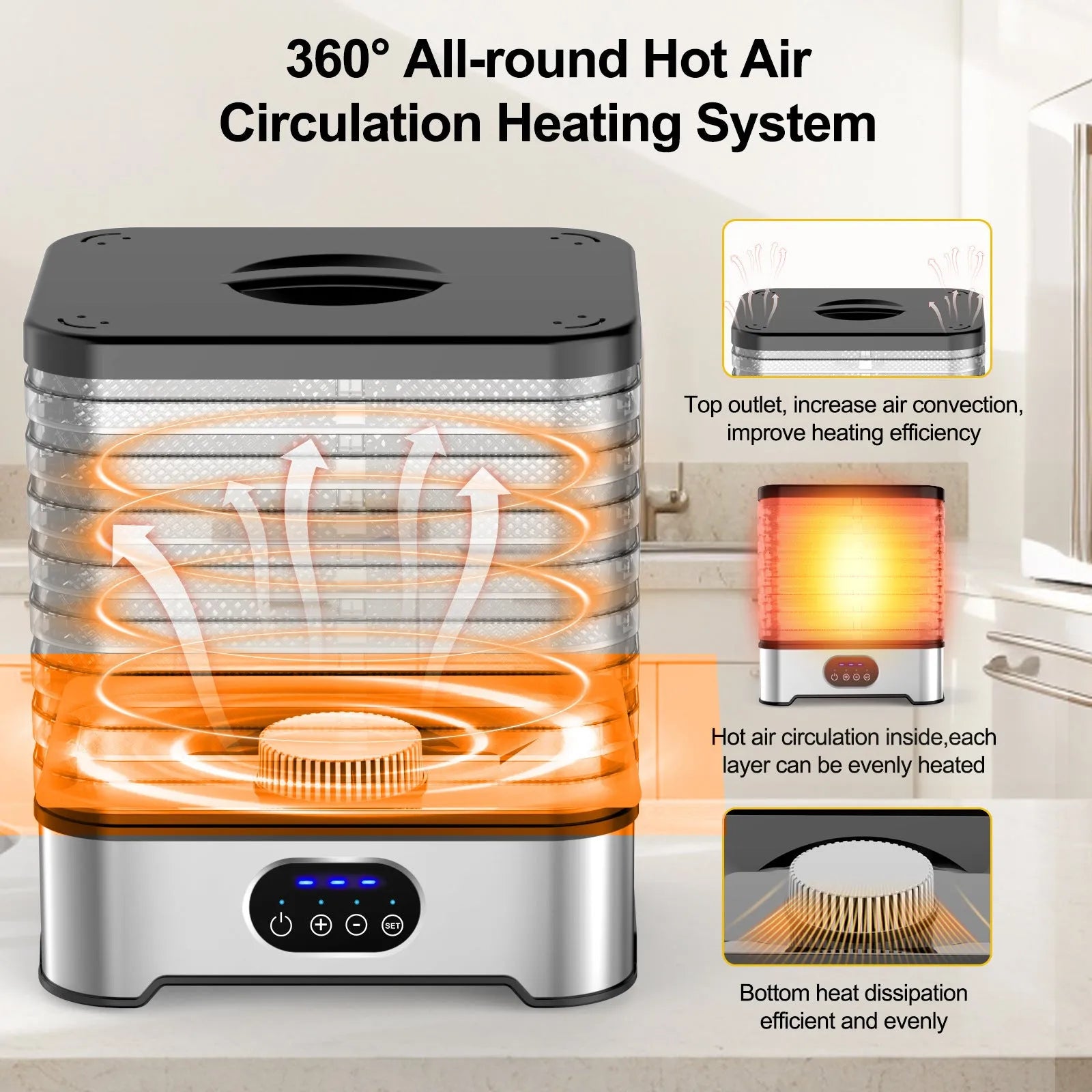 Silver household food dehydrator with 8 drying trays showing expanded and collapsed height positions