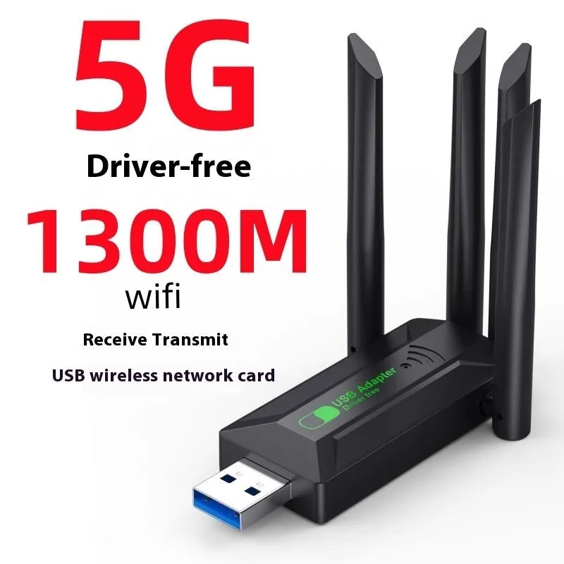 Black USB network transmitter with four antennas for computer signal coverage