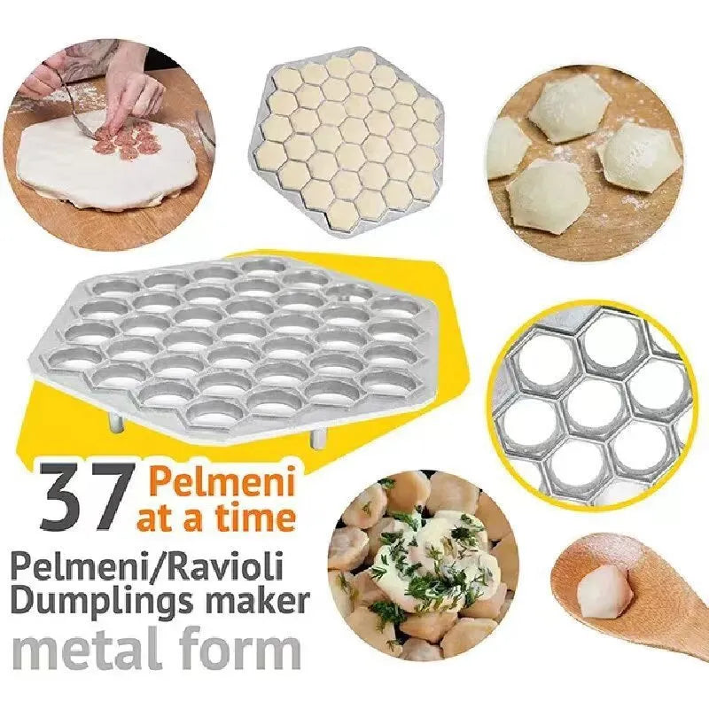 Creative dumpling mold with 37 holes made from aluminium alloy on a kitchen counter