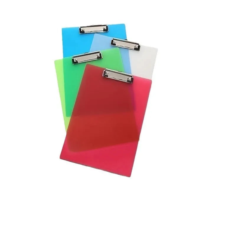 Transparent A4 plate holder with metal clip in blue, holding white paper, on a wooden desk.