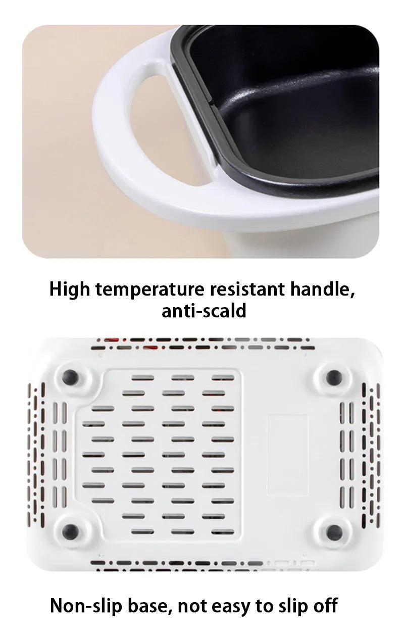 Green and white electric hot pot appliance with mechanical dials, showing dimensions of 390mm by 220mm.