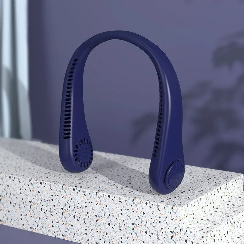 White USB rechargeable bladeless neck fan worn around neck showing flexible design.